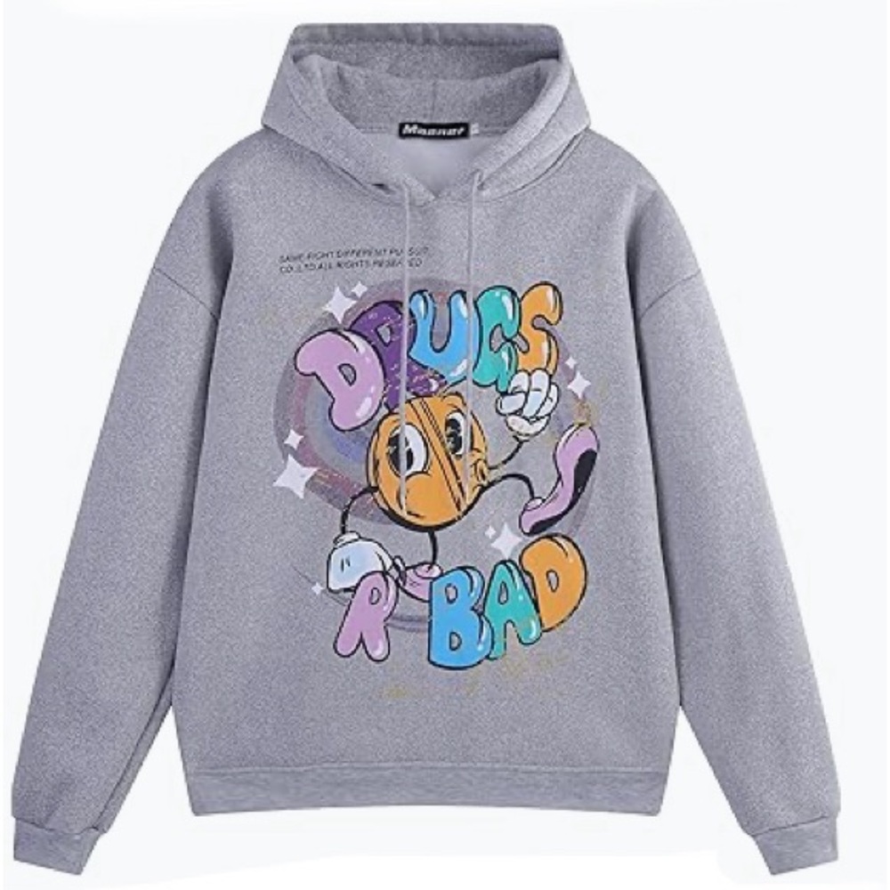 Gray Novelty Hoodie Drugs R Bad Cartoon Graphic Unisex👫Hooded Pullover Sz 2XL